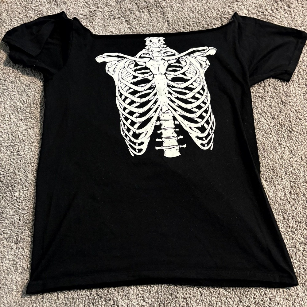 Women's Black Skeleton Rib Cage Graphic Off Shoulder Short Sleeve Goth Punk Top